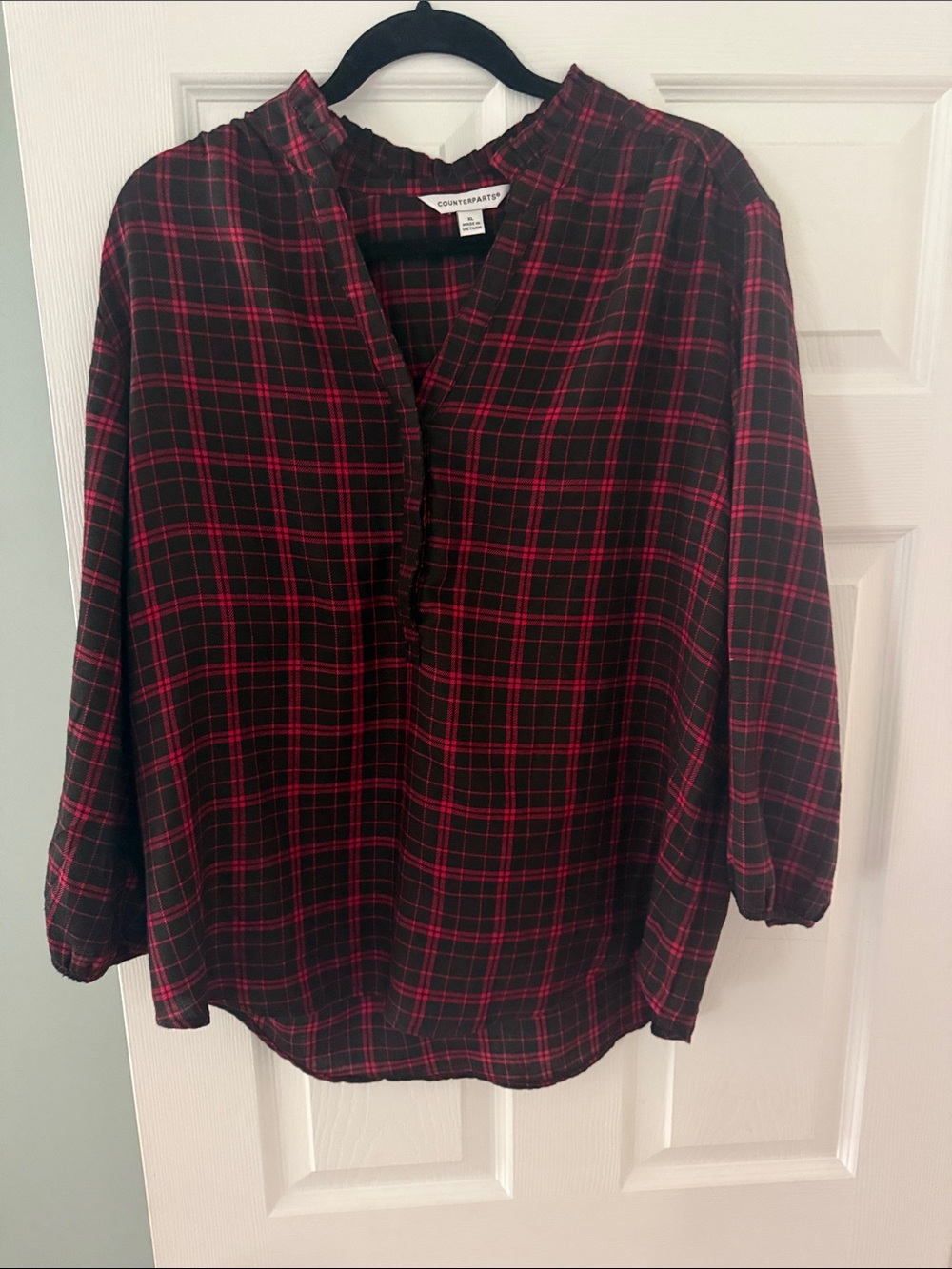 Country Road Black and Red Plaid Ruffle Neck Blouse